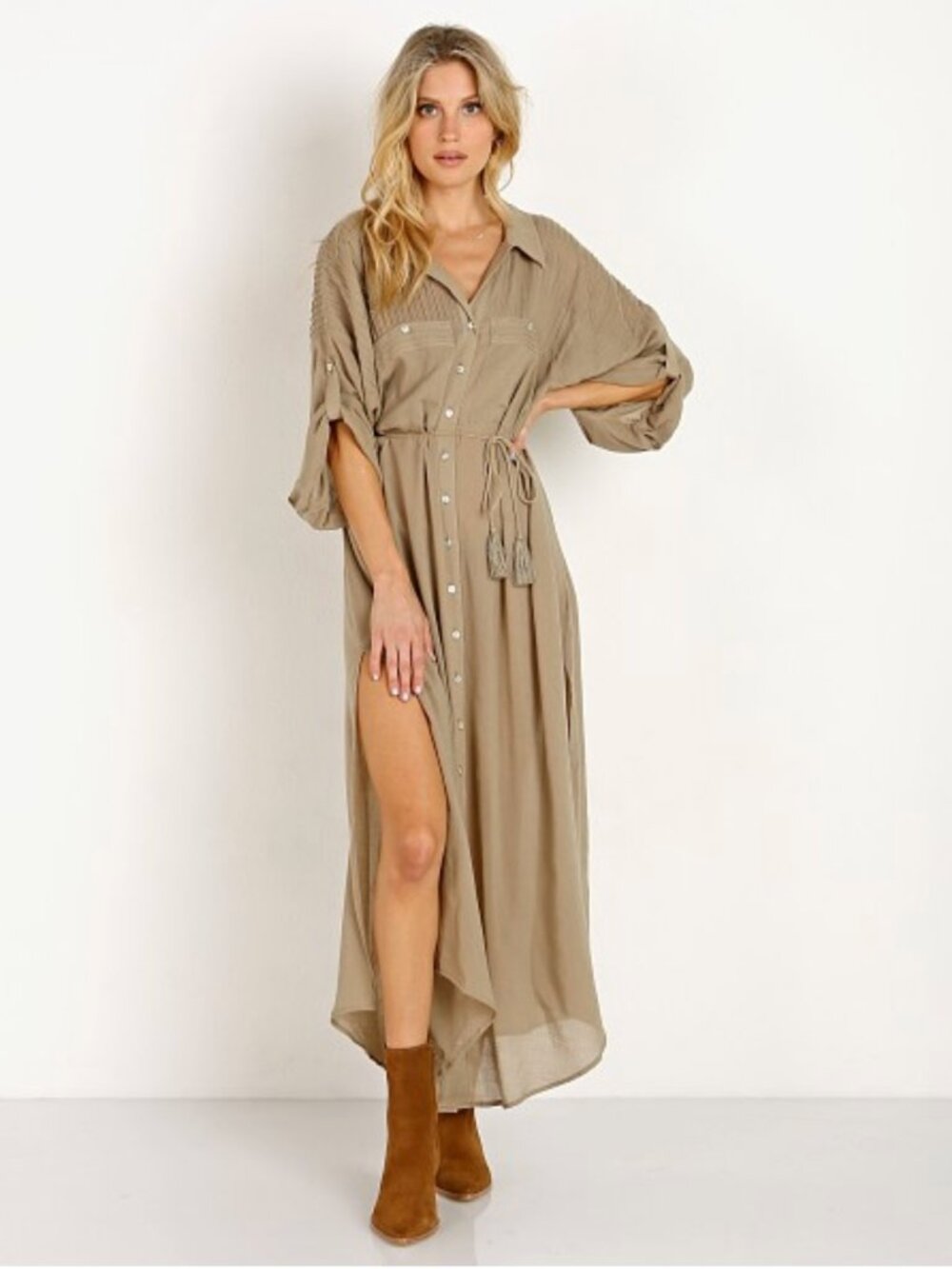 Spell & The Gypsy Linda Shirt Dress Khaki Small Boho Button Front Maxi - Picture 3 of 16